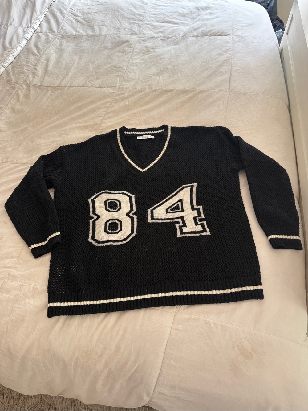 Mango Black V-Neck Knit Sweater with White '84 Graphic